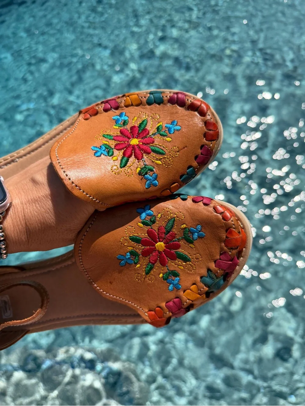 Women’s Tan Embroidered Leather Flats